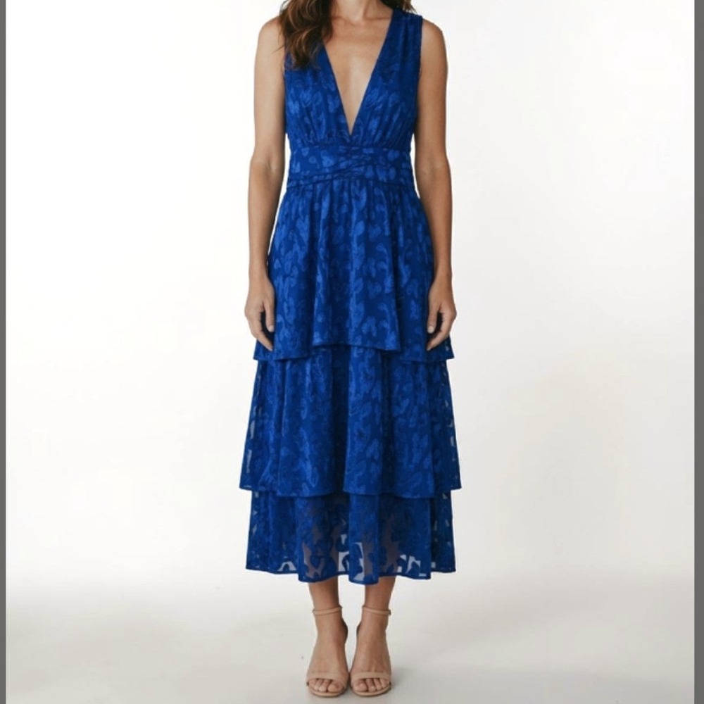 Make It Mesmerizing Navy Blue Jacquard Tiered Midi Dress - READ DESC FOr SIZE - Picture 2 of 10